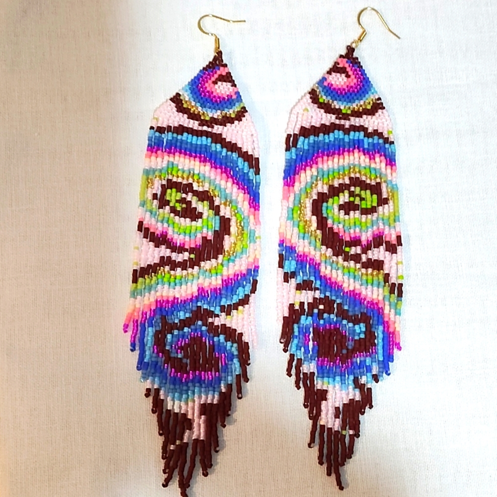 Handmade beaded earrings swirl pattern with fringe